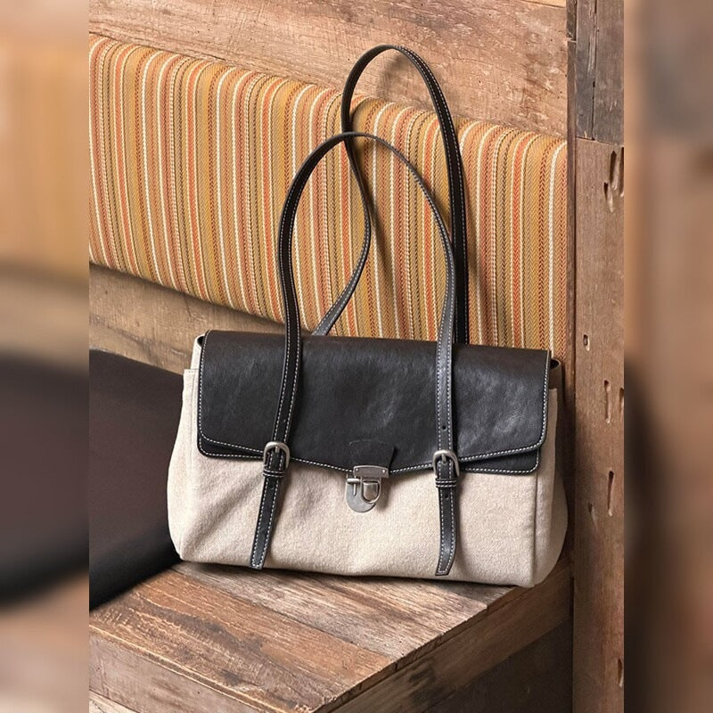 Color Block Square Canvas Handbag For Women With Top Handle, Perfect For  Spring And Summer
