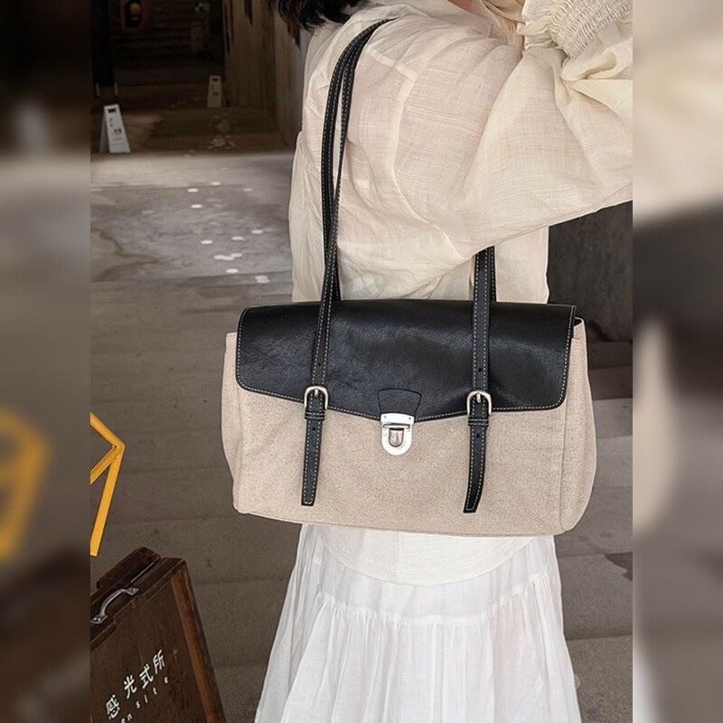 Color Block Square Canvas Handbag For Women With Top Handle, Perfect For  Spring And Summer