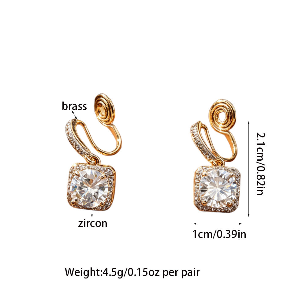 Luxurious Gold Quadrilateral Clip Earrings For Women With Zircon Inlay