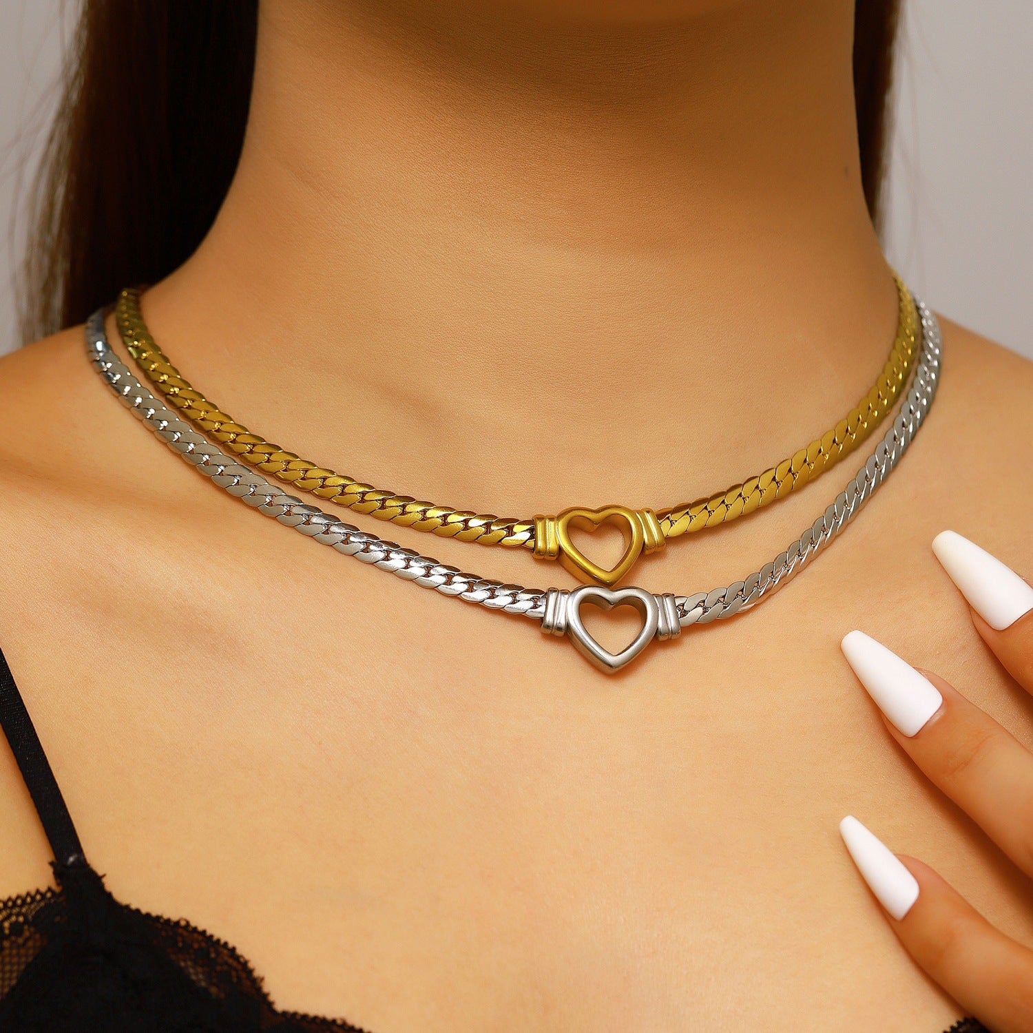 Heart Shape Cuban Chain Link Necklace With 304 Stainless Steel Pendant, Electroplated Gold Plating, Hip-Hop Style For Women