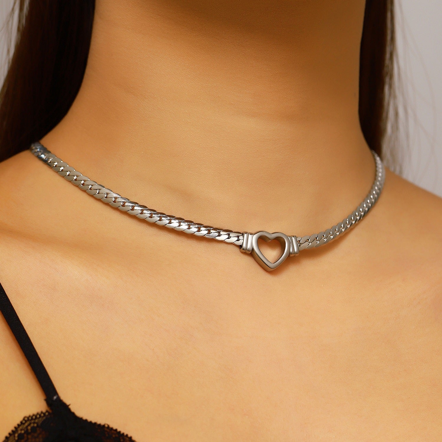 Heart Shape Cuban Chain Link Necklace With 304 Stainless Steel Pendant, Electroplated Gold Plating, Hip-Hop Style For Women