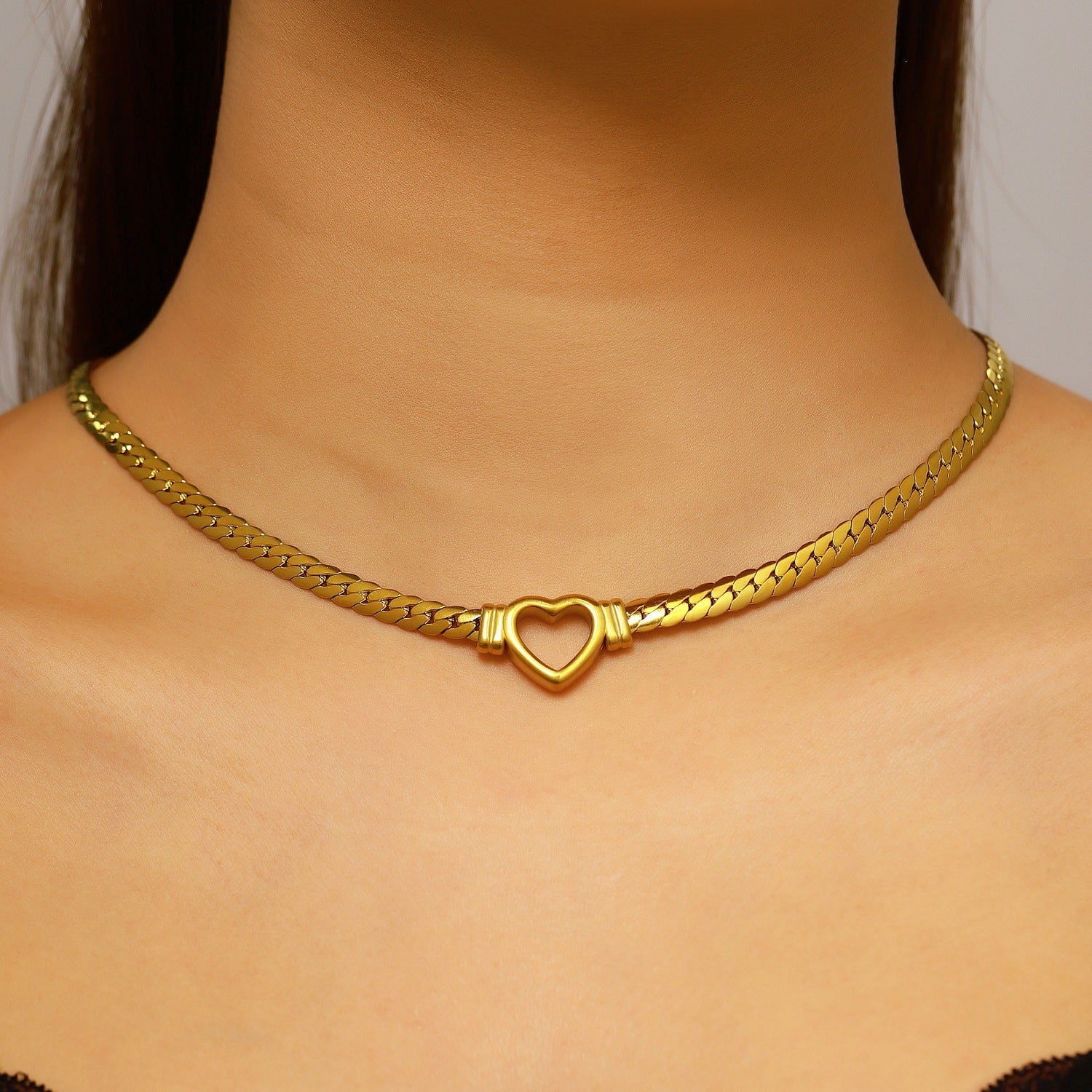 Heart Shape Cuban Chain Link Necklace With 304 Stainless Steel Pendant, Electroplated Gold Plating, Hip-Hop Style For Women