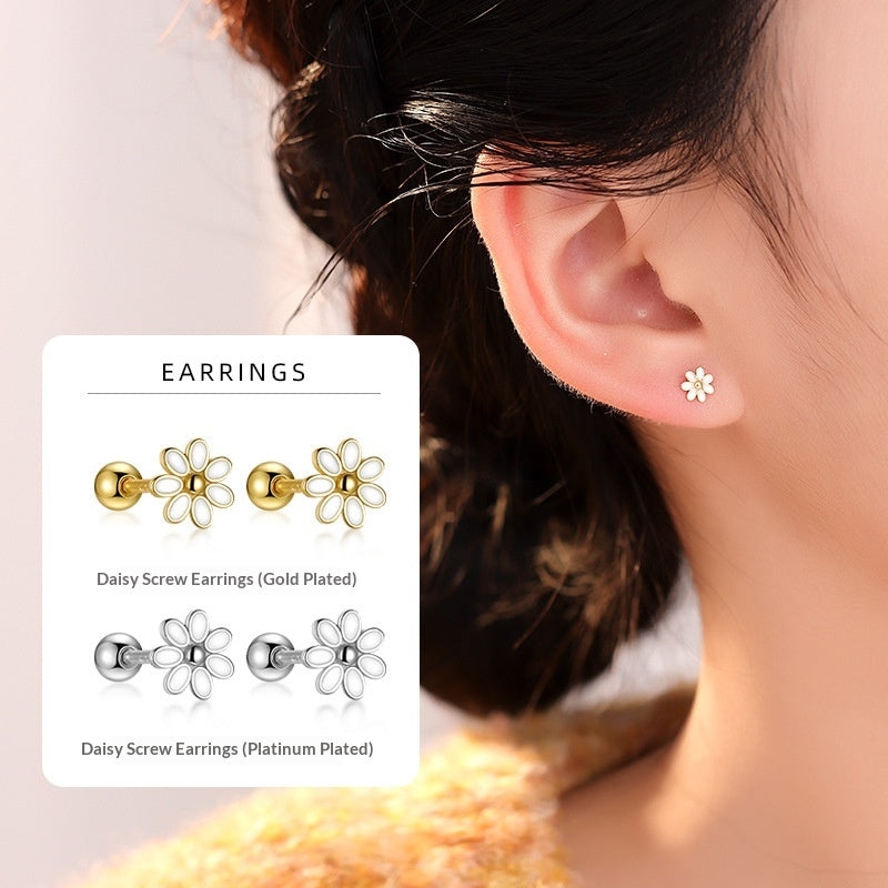 Daisy Pattern New Style Stud Earrings For Women, 925 Sterling Silver With Electroplated Platinum Plated Finish