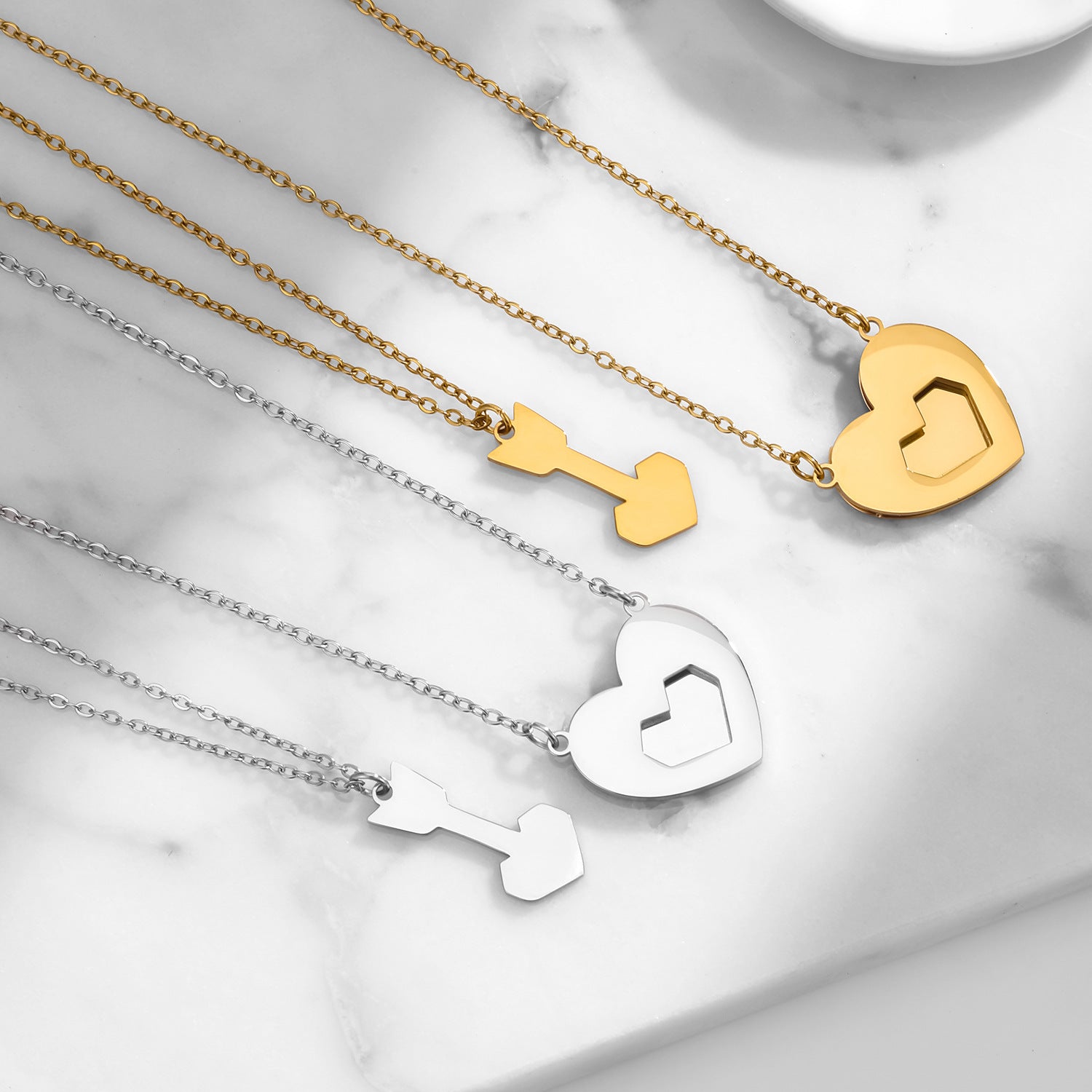 Heart Shape Double Layer Necklace In Gold For Couples, Novelty Style With PVD Coated 304 Stainless Steel And Cable Chain