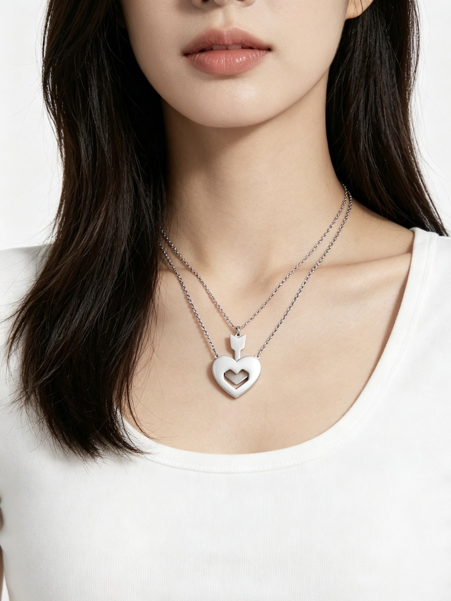 Heart Shape Double Layer Necklace In Gold For Couples, Novelty Style With PVD Coated 304 Stainless Steel And Cable Chain