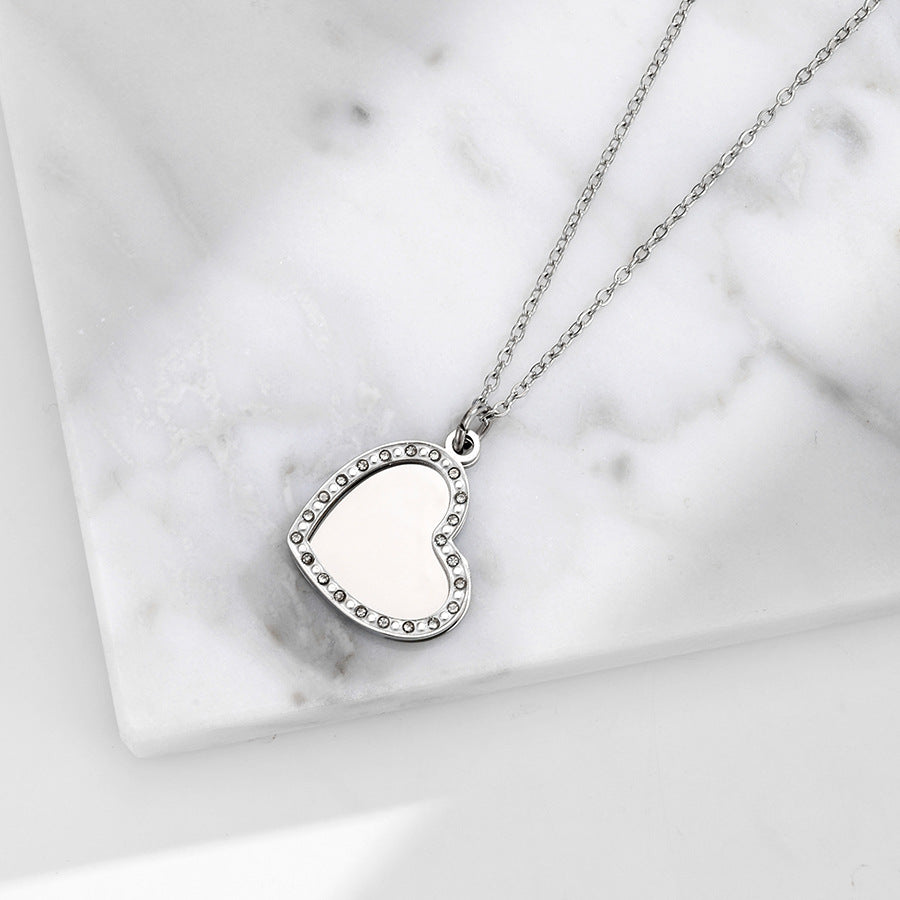 Heart Shape Waterproof Non Tarnish Necklace For Women In Steel Color 304 Stainless Steel With Rhinestones And Cable Chain