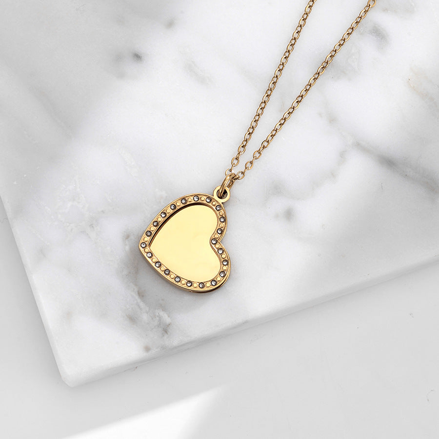 Heart Shape Waterproof Non Tarnish Necklace For Women In Steel Color 304 Stainless Steel With Rhinestones And Cable Chain