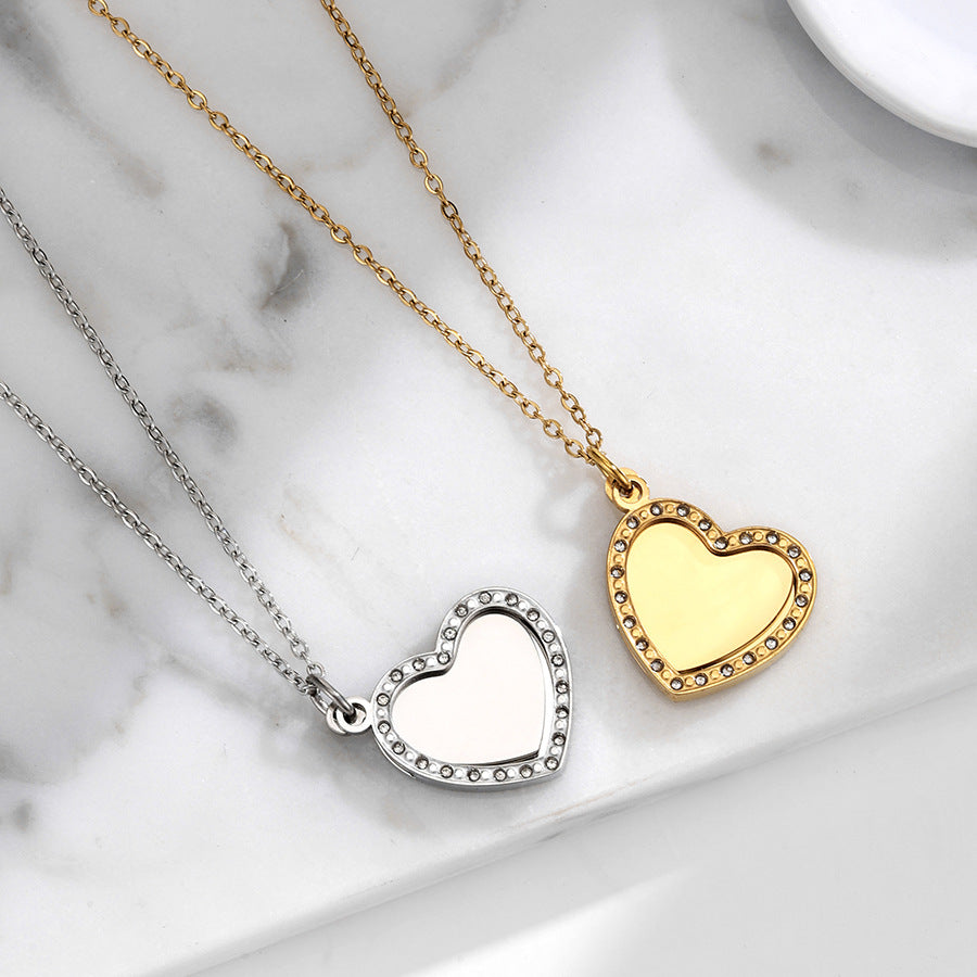 Heart Shape Waterproof Non Tarnish Necklace For Women In Steel Color 304 Stainless Steel With Rhinestones And Cable Chain