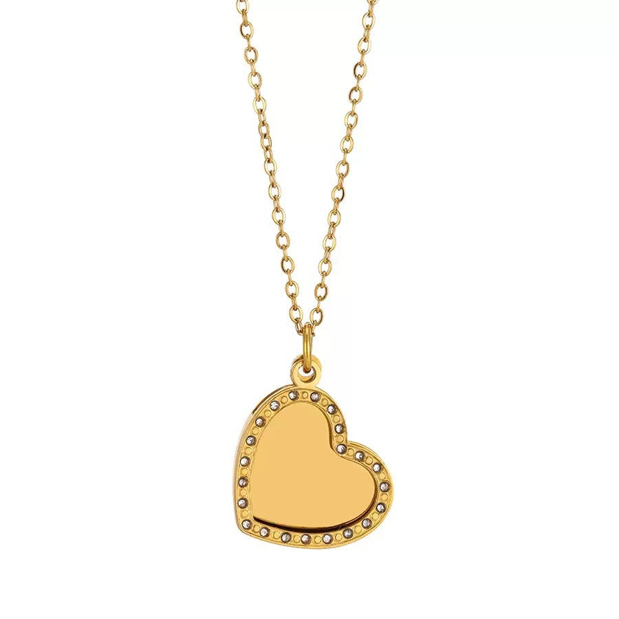 Heart Shape Waterproof Non Tarnish Necklace For Women In Steel Color 304 Stainless Steel With Rhinestones And Cable Chain