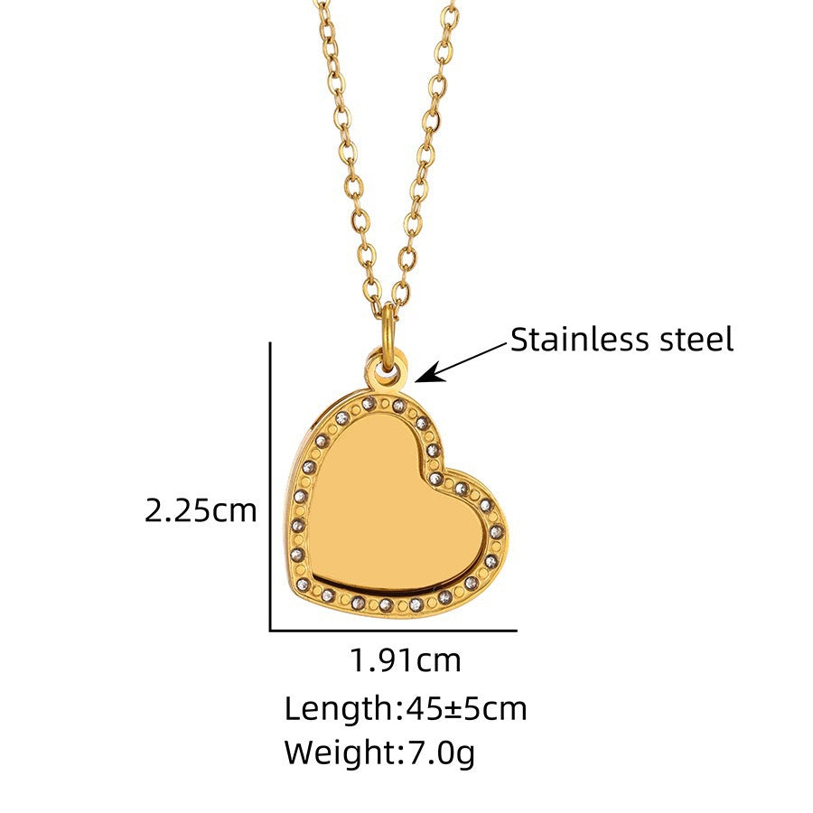 Heart Shape Waterproof Non Tarnish Necklace For Women In Steel Color 304 Stainless Steel With Rhinestones And Cable Chain