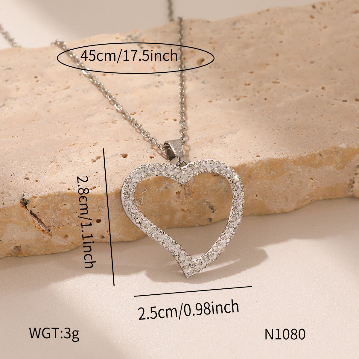 Heart Shape Necklace For Women, Waterproof Non Tarnish 304 Stainless Steel With Rhinestones, Electroplated Cable Chain