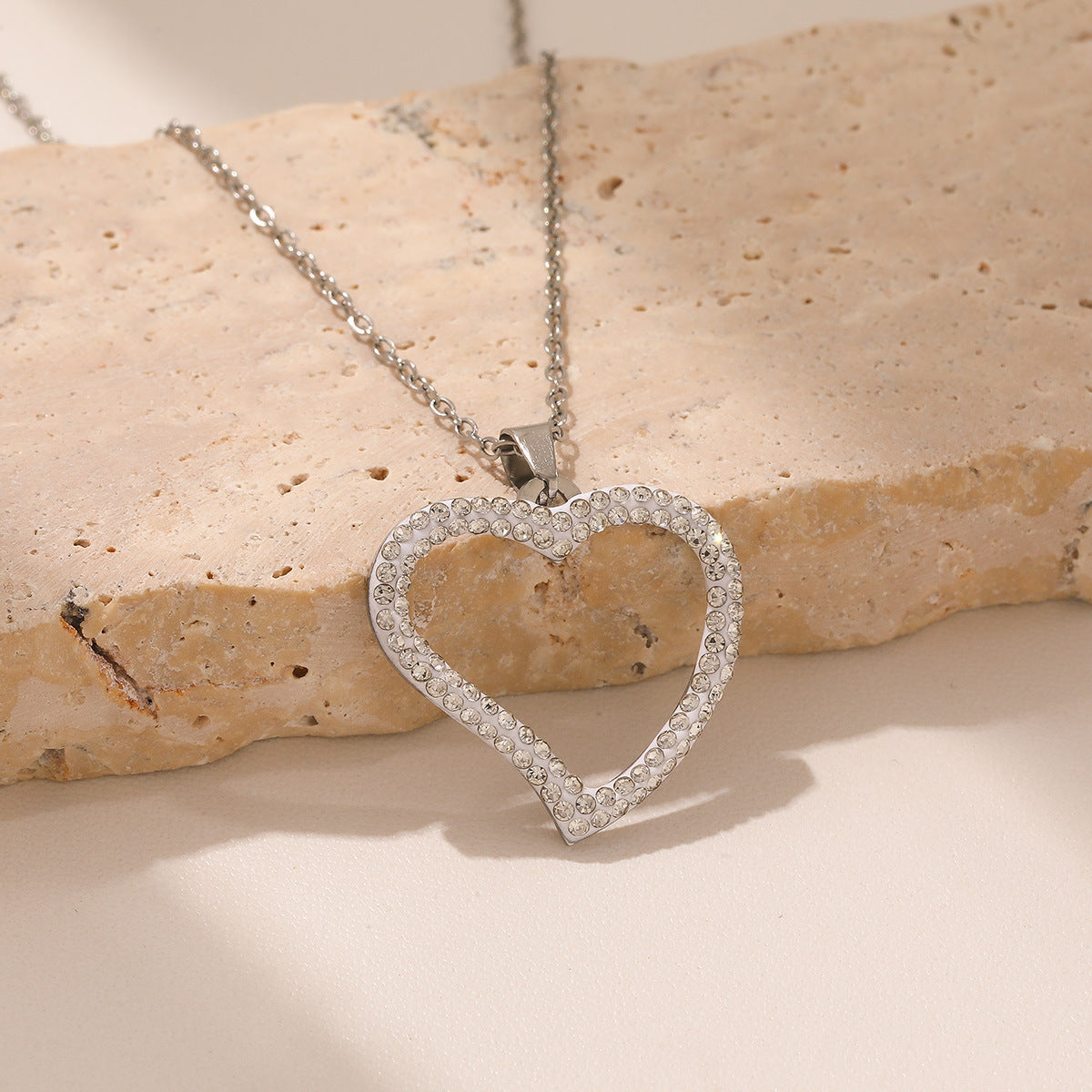 Heart Shape Necklace For Women, Waterproof Non Tarnish 304 Stainless Steel With Rhinestones, Electroplated Cable Chain