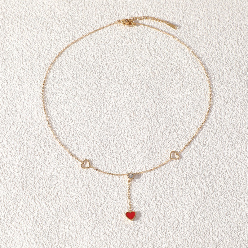 Heart Shape Y-Necklace Lariat Necklace In New Style For Women, 18K Real Gold Plated 304 Stainless Steel With Rhinestones