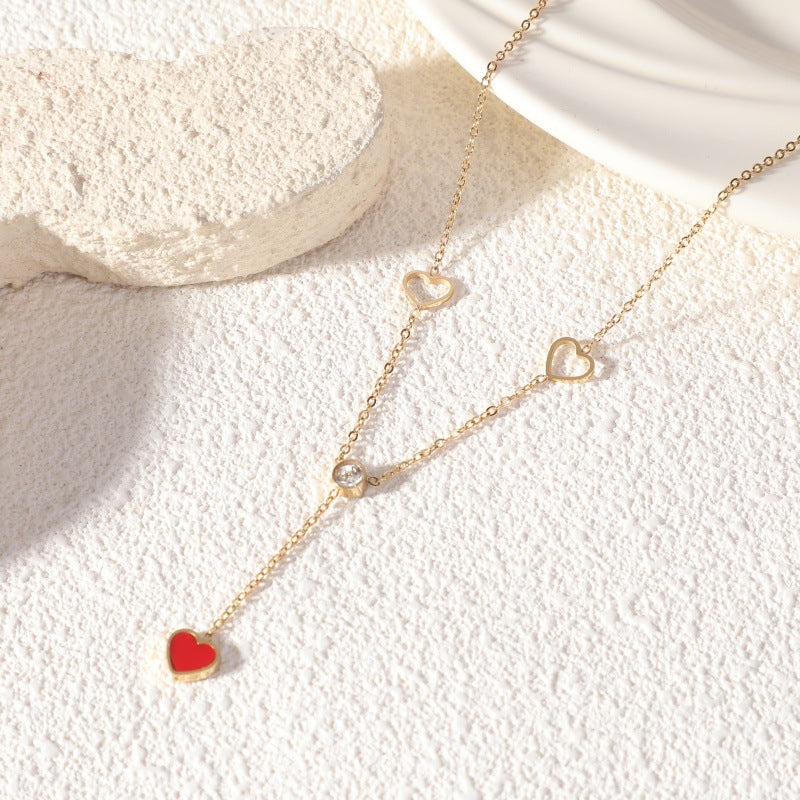 Heart Shape Y-Necklace Lariat Necklace In New Style For Women, 18K Real Gold Plated 304 Stainless Steel With Rhinestones
