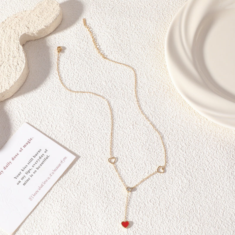 Heart Shape Y-Necklace Lariat Necklace In New Style For Women, 18K Real Gold Plated 304 Stainless Steel With Rhinestones