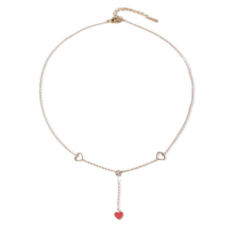 Heart Shape Y-Necklace Lariat Necklace In New Style For Women, 18K Real Gold Plated 304 Stainless Steel With Rhinestones