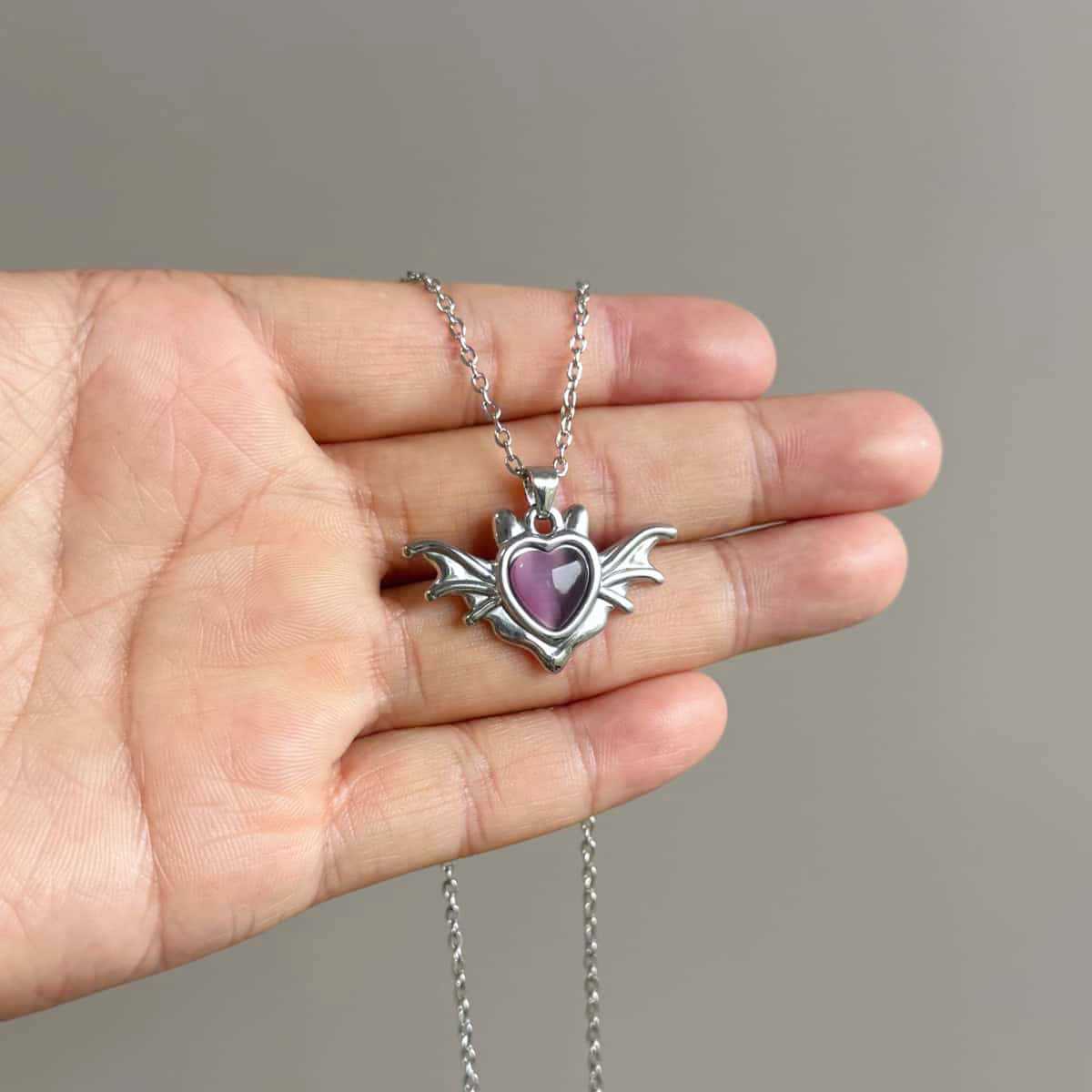 Gothic Wings Necklace In Purple With Crystal Inlay, Unisex 304 Stainless Steel Pendant On Cable Chain Featuring Alloy Pendant Material