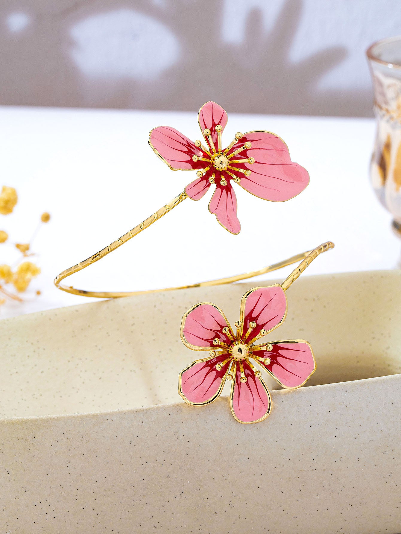 Elegant Asymmetrical Flowers Arm Bracelet For Women In Natural Pink Alloy With KC Golden Plated Finish