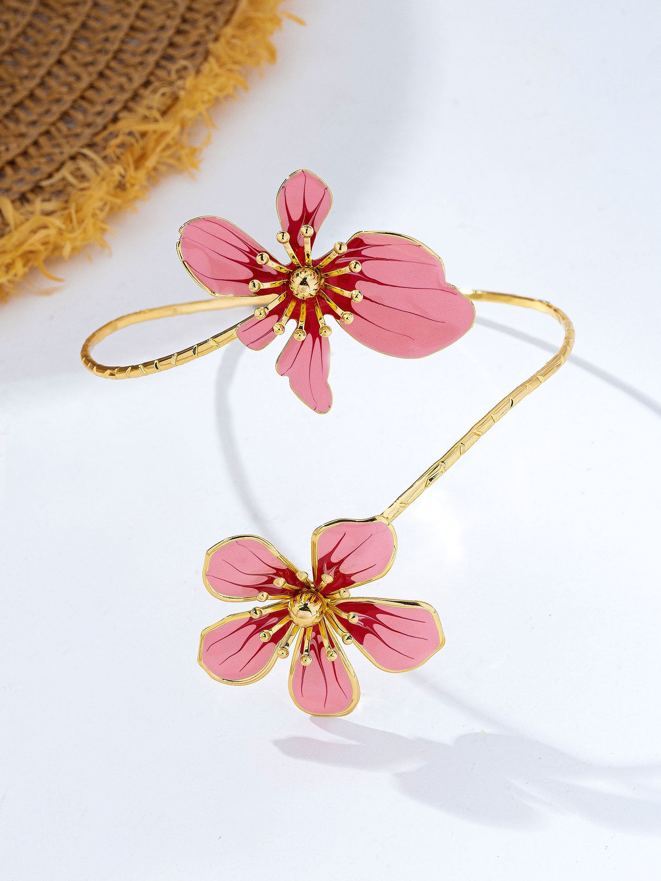Elegant Asymmetrical Flowers Arm Bracelet For Women In Natural Pink Alloy With KC Golden Plated Finish