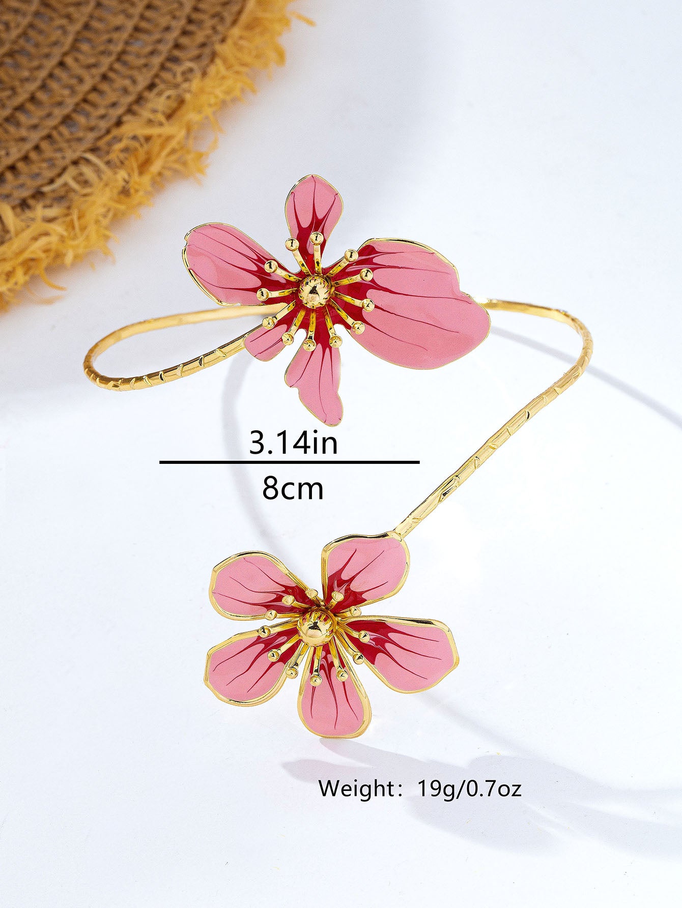 Elegant Asymmetrical Flowers Arm Bracelet For Women In Natural Pink Alloy With KC Golden Plated Finish