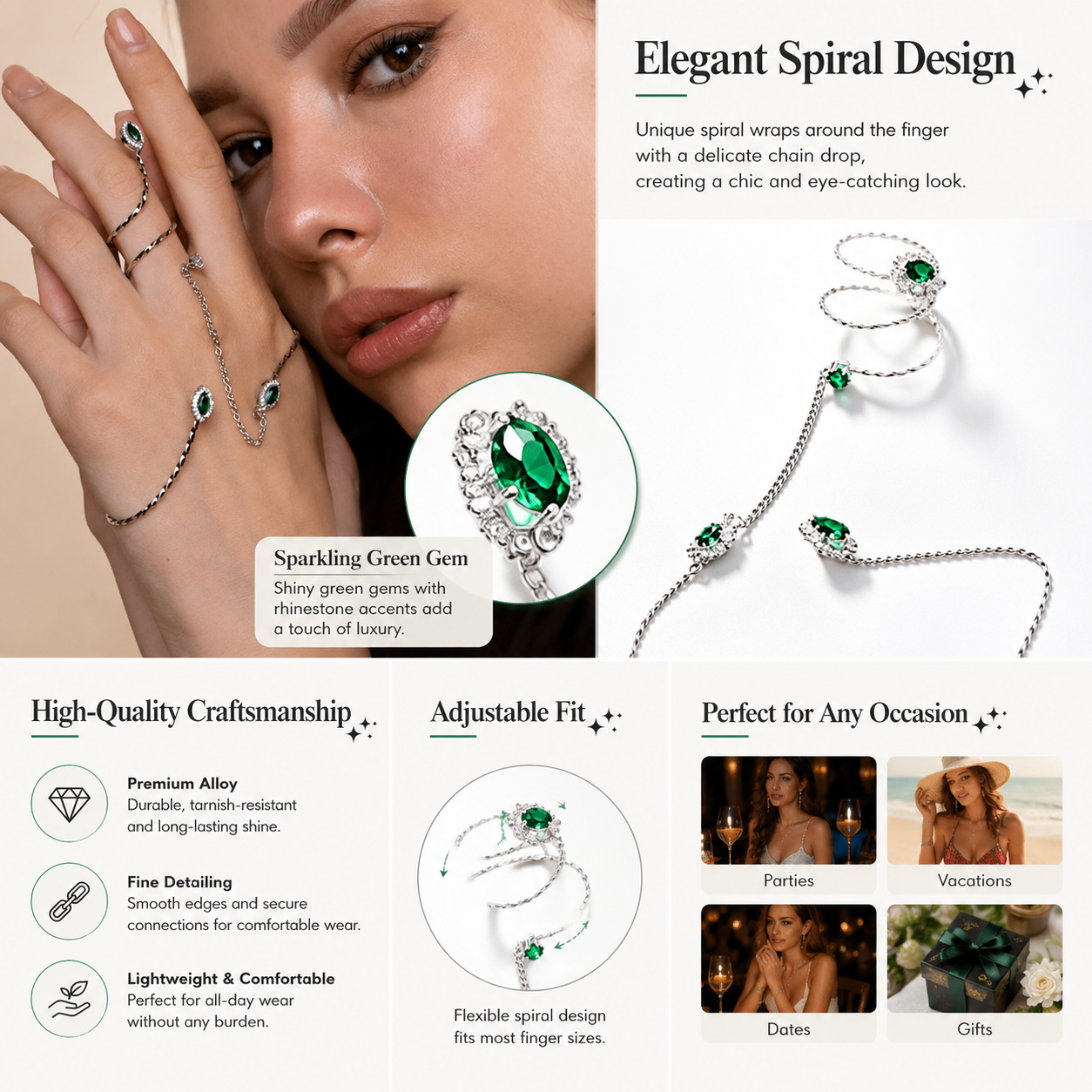 Elegant Geometric Spiral Hand Chain Bracelet For Women In 14K Real Gold Plated Alloy With Rhinestones