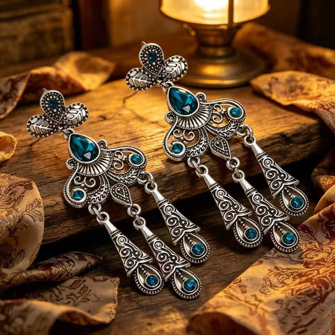 Ethnic Style Tassel Earrings For Women In Peacock Blue Alloy