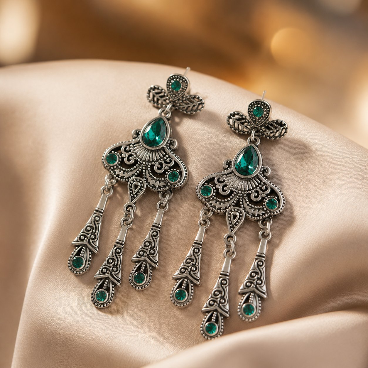 Ethnic Style Tassel Earrings For Women In Peacock Blue Alloy