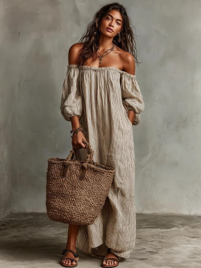 Elegant Stripe Regular Dress With 3/4 Length Sleeve And Boat Neck, Casual Style In Polyester Fabric