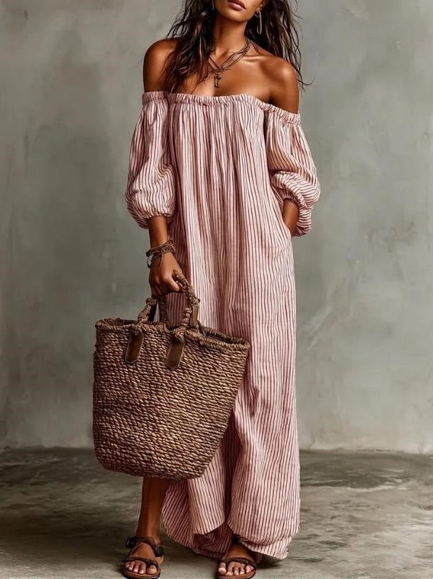 Elegant Stripe Regular Dress With 3/4 Length Sleeve And Boat Neck, Casual Style In Polyester Fabric