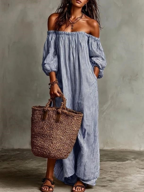 Elegant Stripe Regular Dress With 3/4 Length Sleeve And Boat Neck, Casual Style In Polyester Fabric