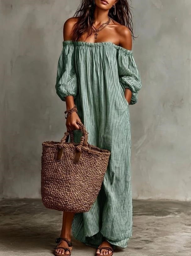 Elegant Stripe Regular Dress With 3/4 Length Sleeve And Boat Neck, Casual Style In Polyester Fabric