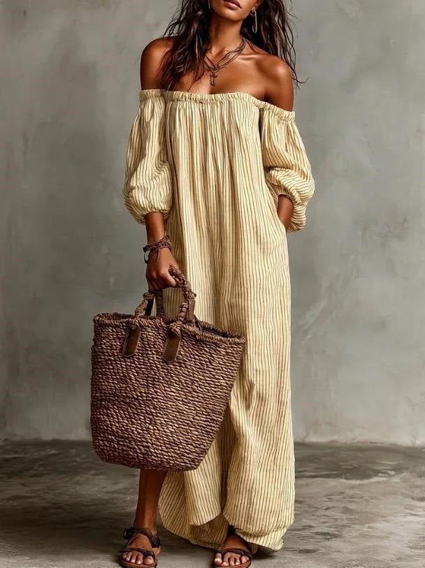 Elegant Stripe Regular Dress With 3/4 Length Sleeve And Boat Neck, Casual Style In Polyester Fabric