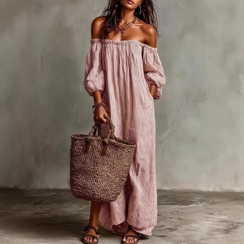Elegant Stripe Regular Dress With 3/4 Length Sleeve And Boat Neck, Casual Style In Polyester Fabric