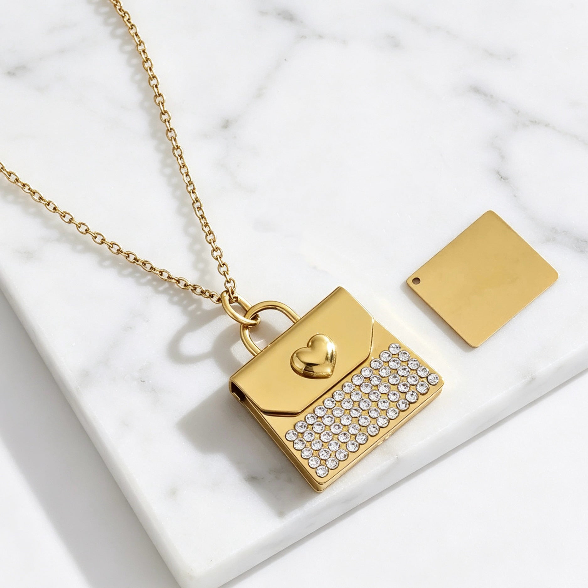 Heart Shape Choker Necklace For Women In Steel Color, 304 Stainless Steel With Real Gold Plated And Rhinestones On Cable Chain