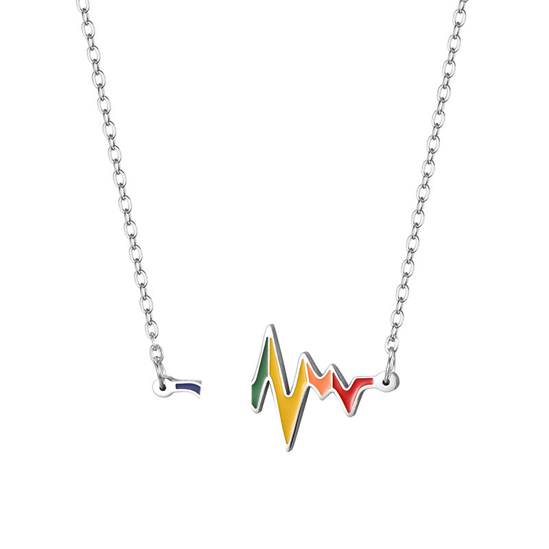 Electrocardiogram Enamel Necklace With 304 Stainless Steel Chain And Pendant, Electroplated Titanium Steel, Couple Design