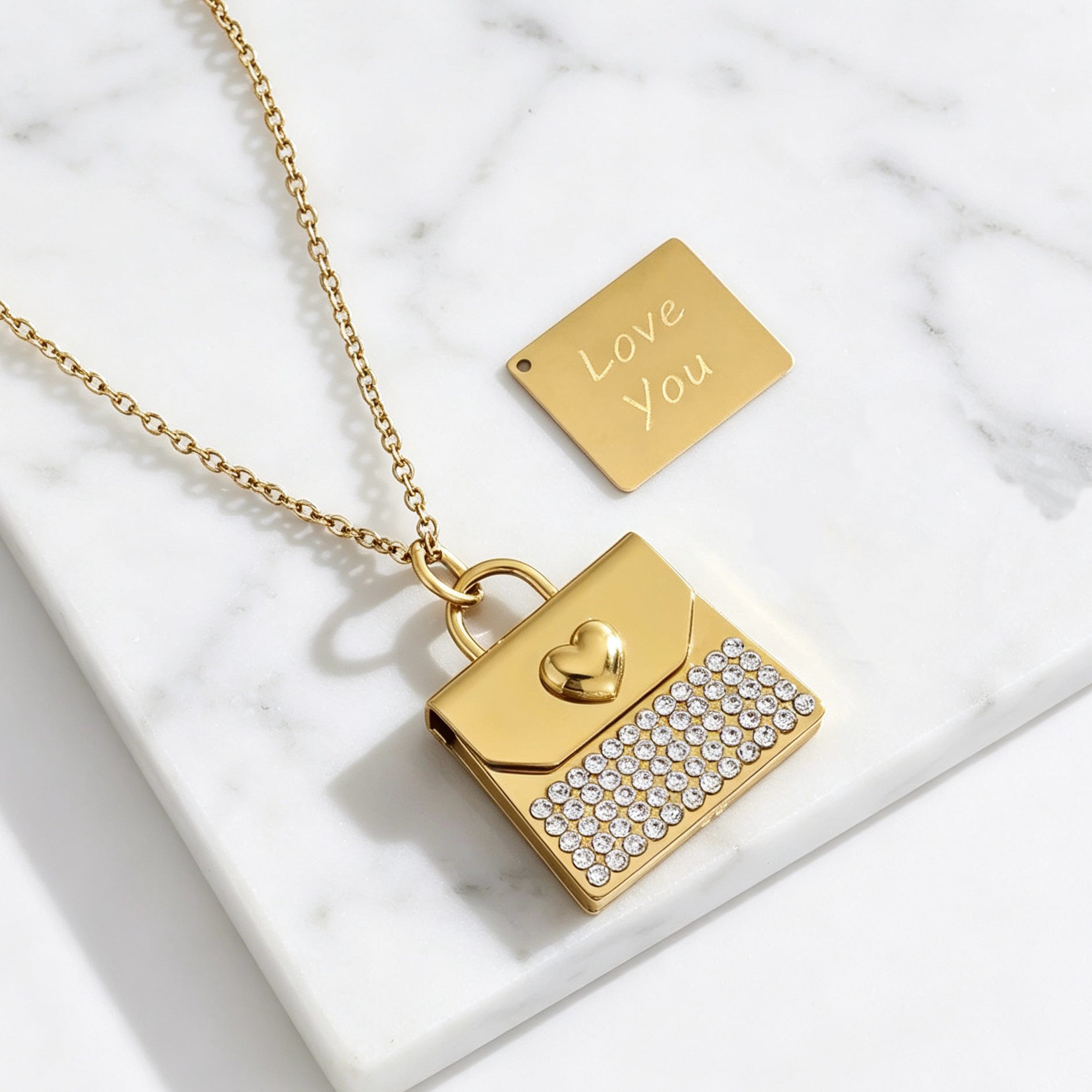 Heart Shape Choker Necklace For Women In Steel Color, 304 Stainless Steel With Real Gold Plated And Rhinestones On Cable Chain