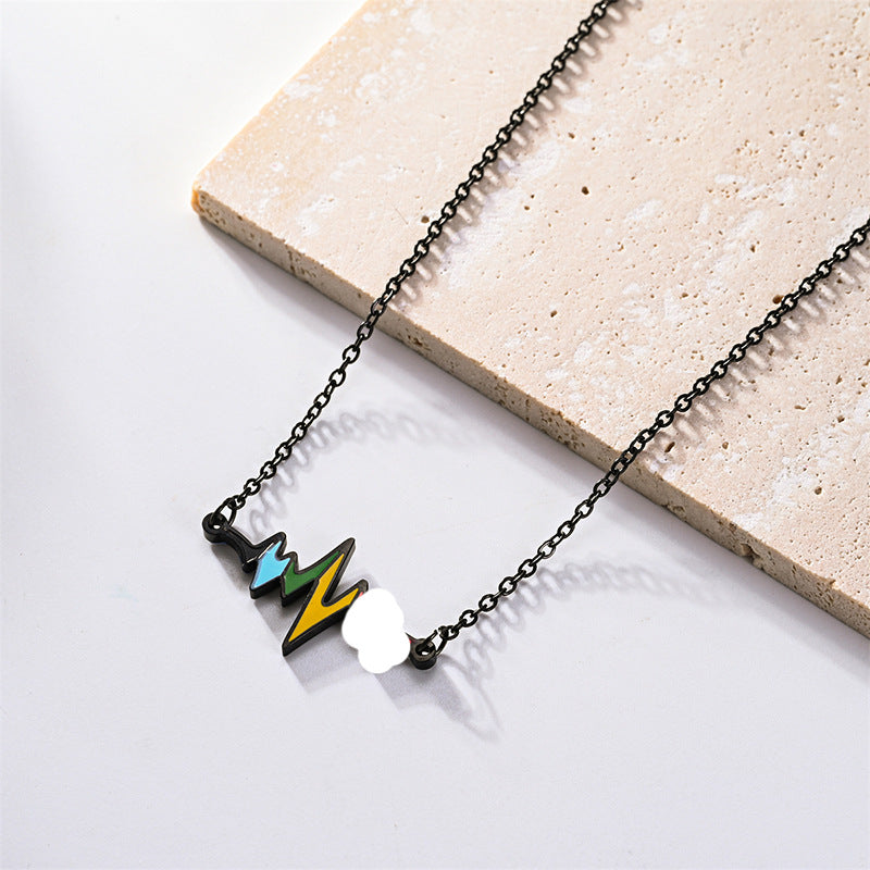 Electrocardiogram Enamel Necklace With 304 Stainless Steel Chain And Pendant, Electroplated Titanium Steel, Couple Design