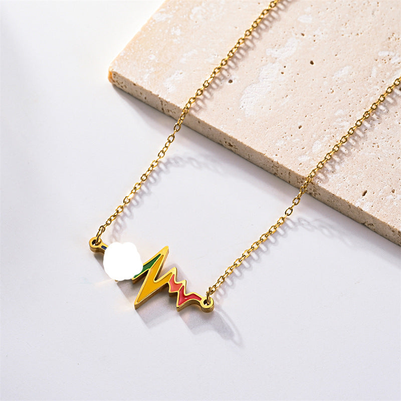 Electrocardiogram Enamel Necklace With 304 Stainless Steel Chain And Pendant, Electroplated Titanium Steel, Couple Design