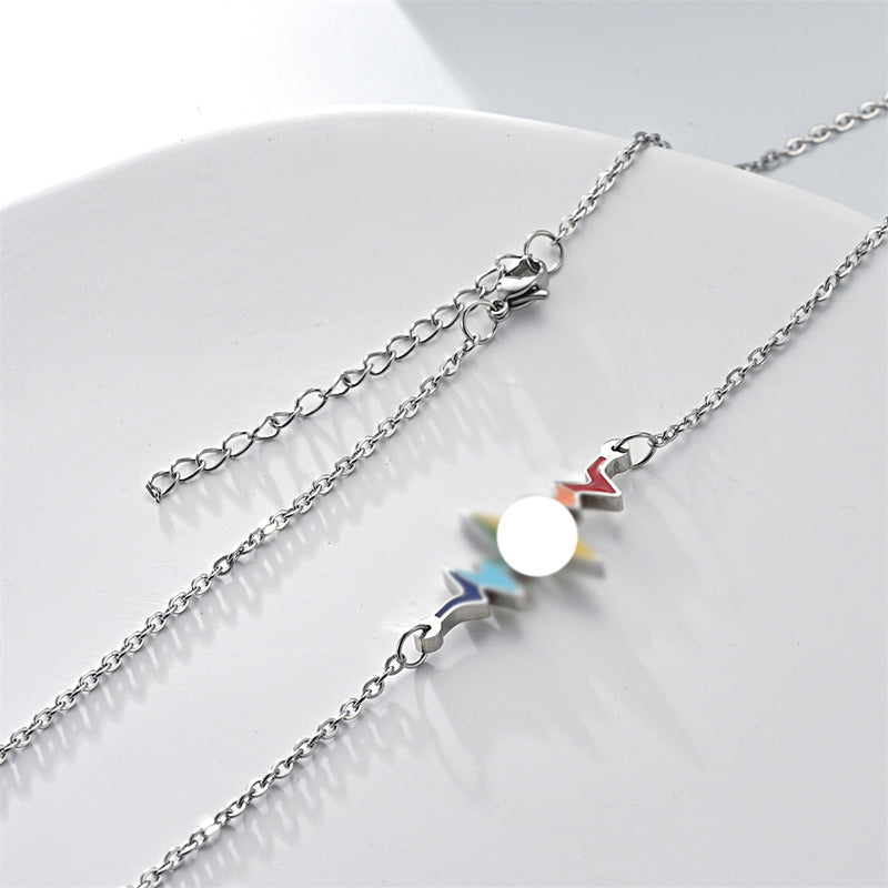 Electrocardiogram Enamel Necklace With 304 Stainless Steel Chain And Pendant, Electroplated Titanium Steel, Couple Design