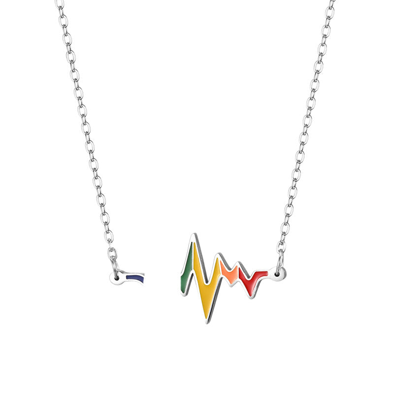 Electrocardiogram Enamel Necklace With 304 Stainless Steel Chain And Pendant, Electroplated Titanium Steel, Couple Design