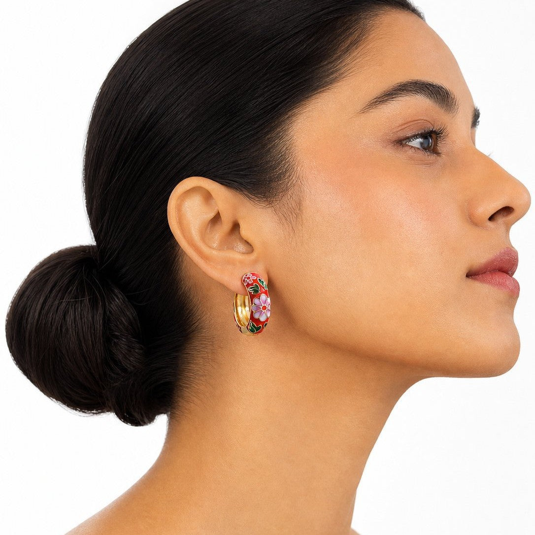 Flowers Earrings For Women In Ethnic Style Featuring Enamel Craft And Colour Alloy Material