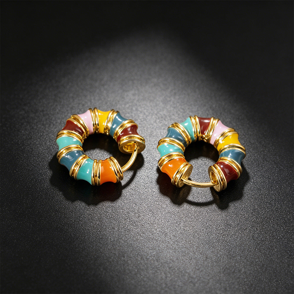 Elegant Circle Enamel Earrings For Women, Electroplated Copper With Gold Plating Process