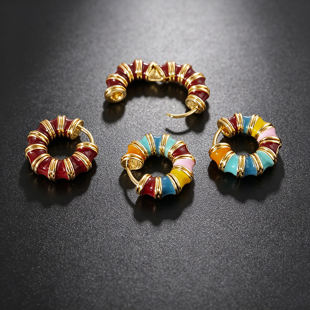 Elegant Circle Enamel Earrings For Women, Electroplated Copper With Gold Plating Process