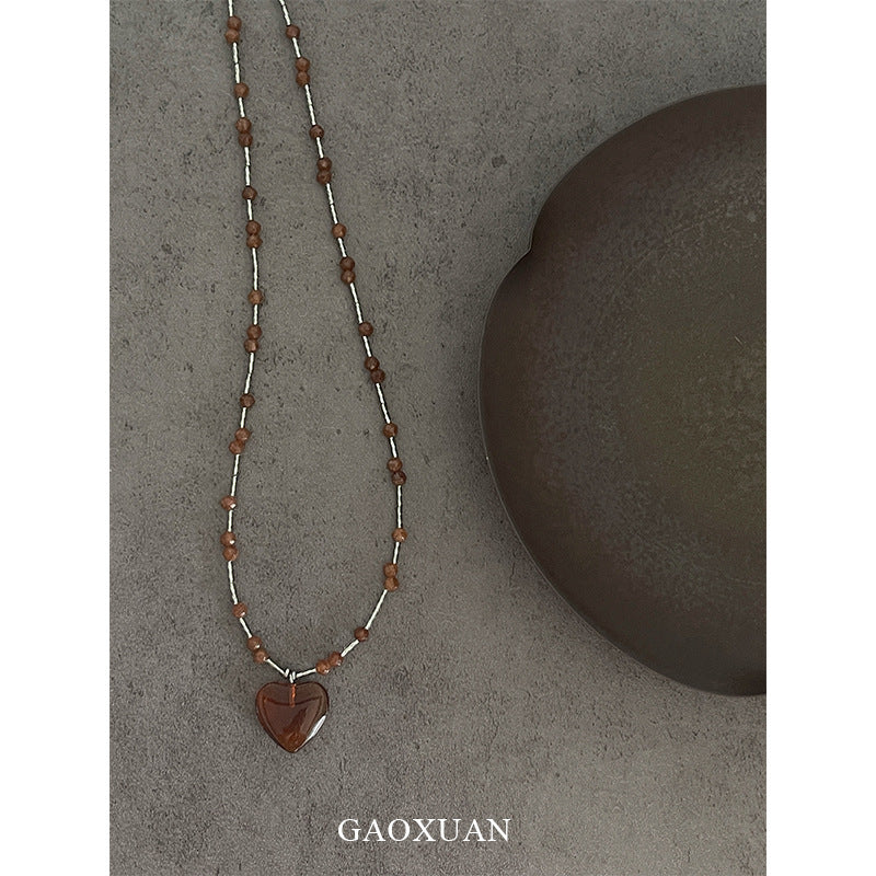 Handmade Heart Shape Pendant Necklace For Women In Maillard Style With Coffer Artificial Crystal Inlay