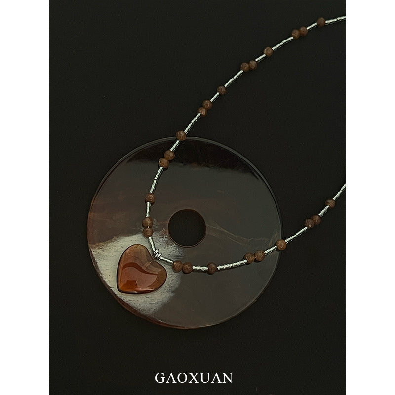 Handmade Heart Shape Pendant Necklace For Women In Maillard Style With Coffer Artificial Crystal Inlay