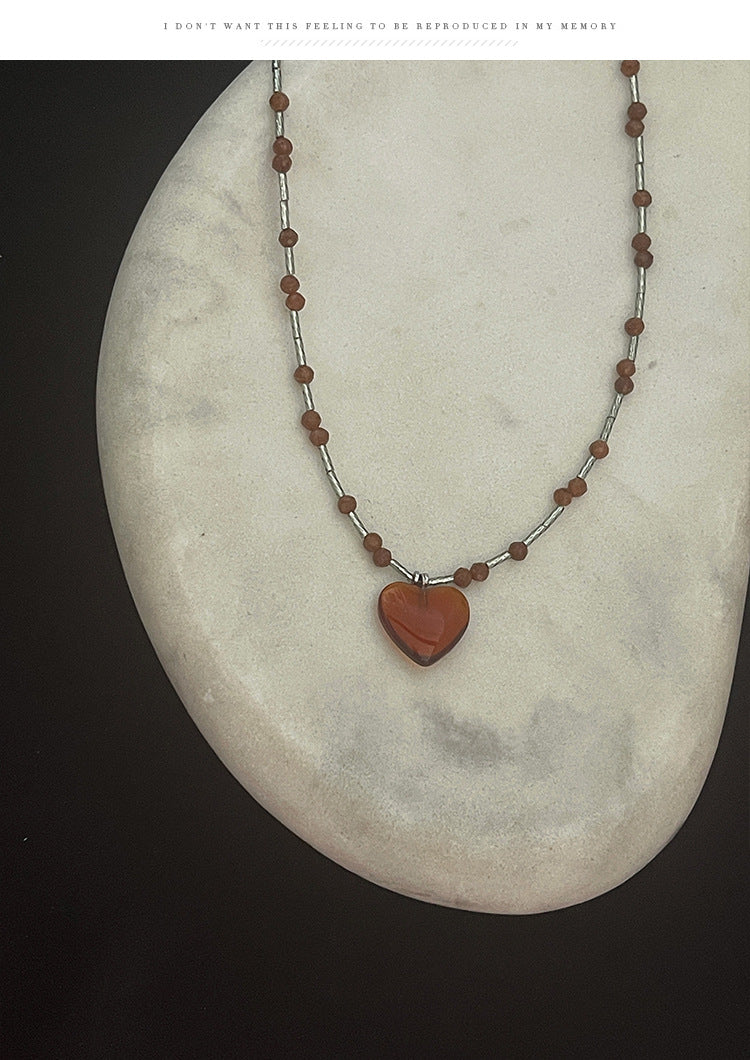 Handmade Heart Shape Pendant Necklace For Women In Maillard Style With Coffer Artificial Crystal Inlay