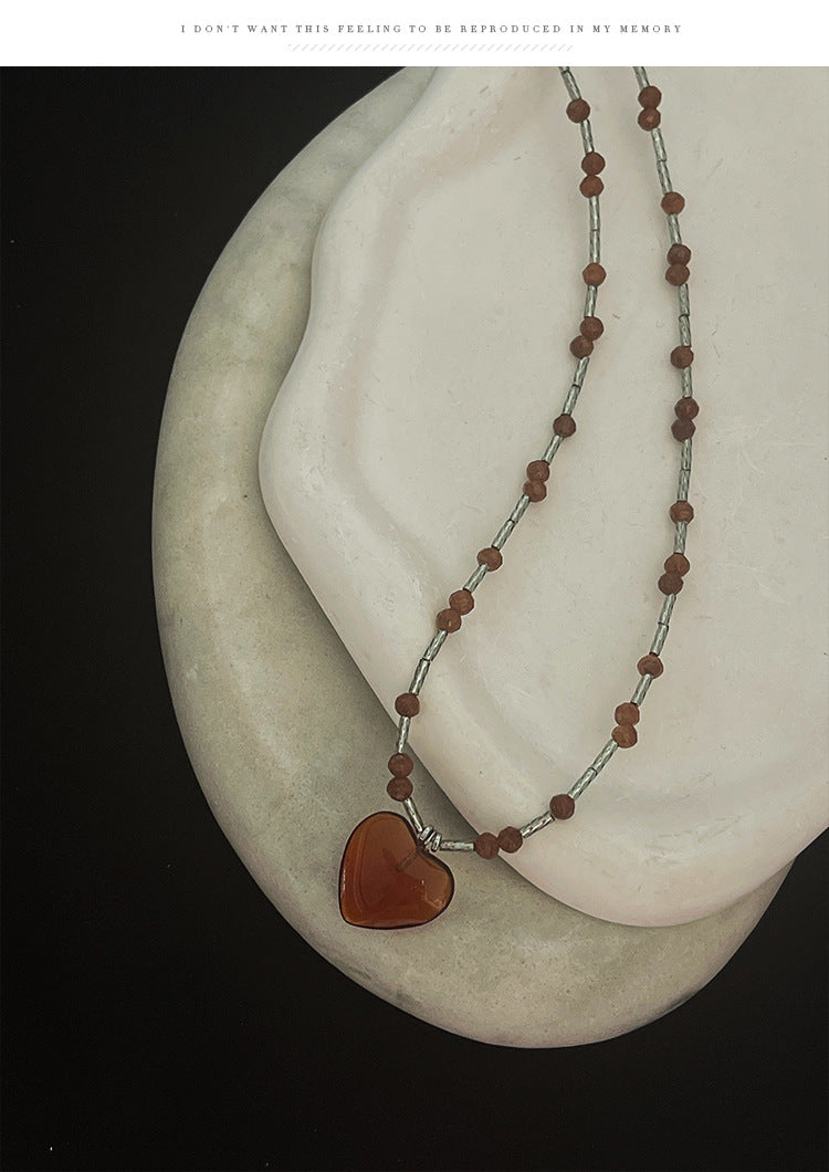 Handmade Heart Shape Pendant Necklace For Women In Maillard Style With Coffer Artificial Crystal Inlay