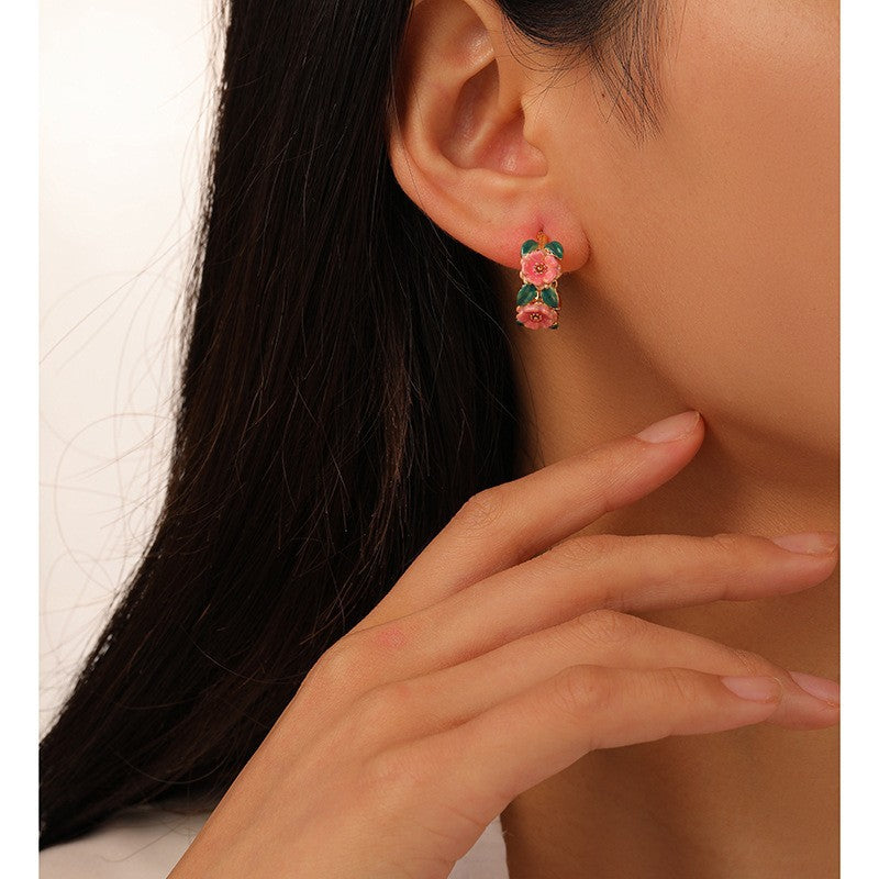 Flowers Earrings For Women Featuring Enamel Craft And Copper Material With 925 Sterling Silver Ear Pins In Colour