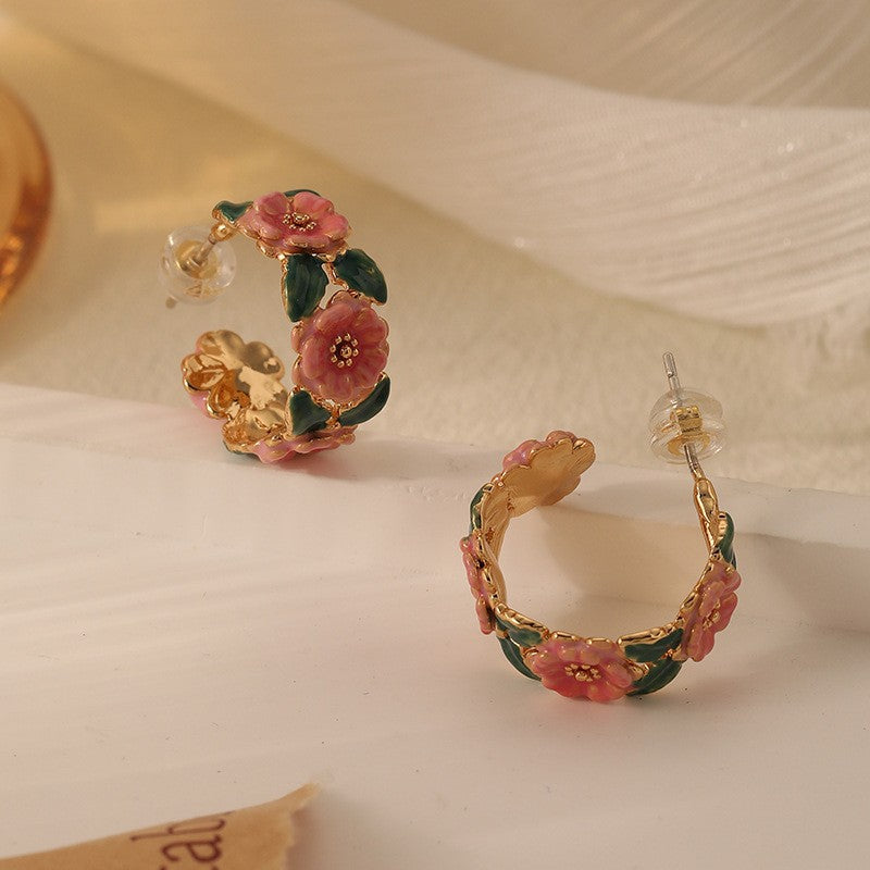 Flowers Earrings For Women Featuring Enamel Craft And Copper Material With 925 Sterling Silver Ear Pins In Colour