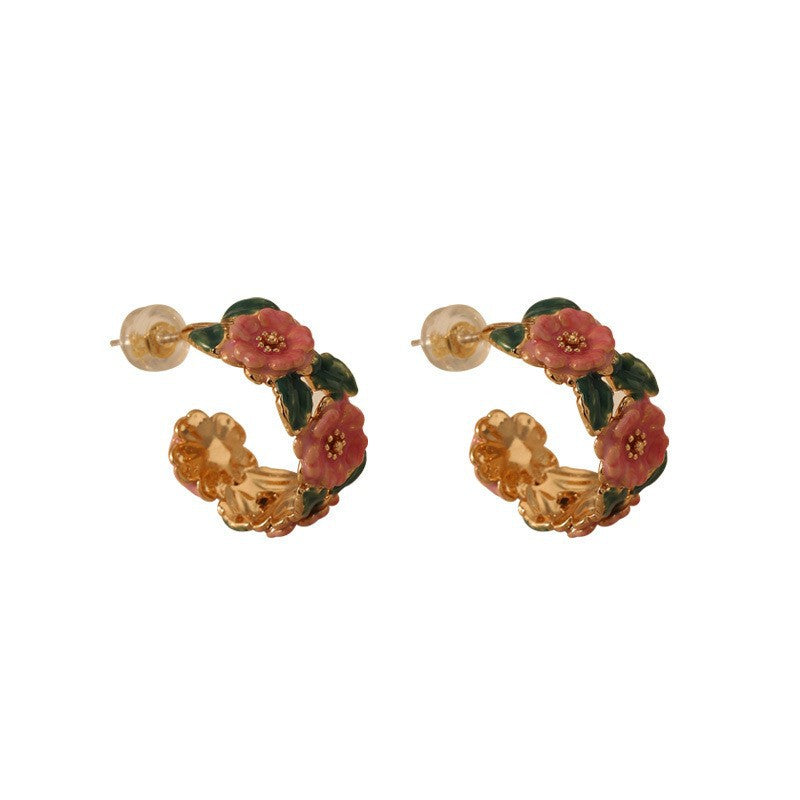 Flowers Earrings For Women Featuring Enamel Craft And Copper Material With 925 Sterling Silver Ear Pins In Colour